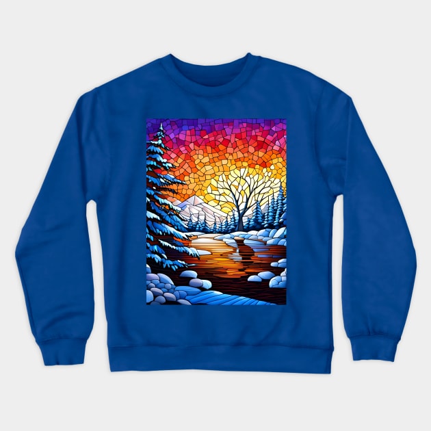 Stained Glass Snowy Winter Scene Crewneck Sweatshirt by Chance Two Designs